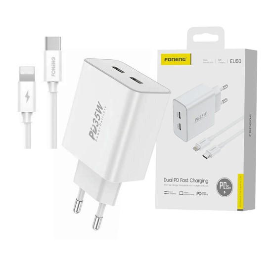 Foneng Charger EU50 Dual Ports (Type C+Type C) PD35W with Type C to Lightning Cable White